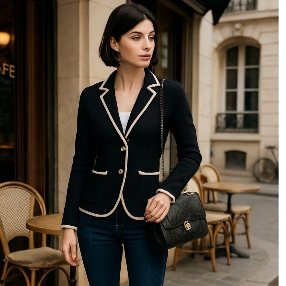 Anthropologie Moth Knit Blazer Jacket Black Ivory Trim Woolโ Blend Women's Small